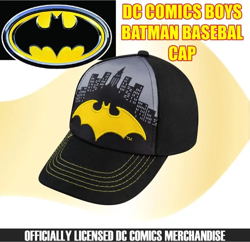 Miniatura 3 de DC Comics Gorra de béisbol de Batman para niños, de 4 a 12 años, logotipo amarillo con diseño de Ciudad Gotham, cierre ajustable, 100% algodón