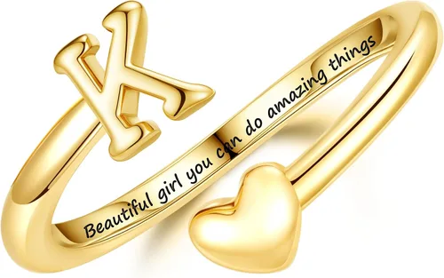 Miniatura 17 de Turandoss Regalos para el día de San Valentín para adolescentes, anillos de oro para niños, chapados en oro de 14 quilates con inicial para letra A