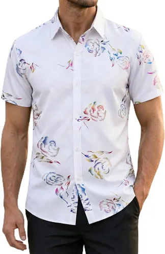 Miniatura 21 de ZEROYAA - Camisas de vestir de manga corta con estampado de rosa dorada para hombre, estilo hipster, calce ajustado, con botones