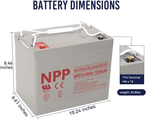 Miniatura 2 de NPP Batería de ciclo profundo AGM de 12 V 80 Ah, reemplazo AGM SLA recargable del grupo 24, terminales T14 para respaldo de UPS, seguridad