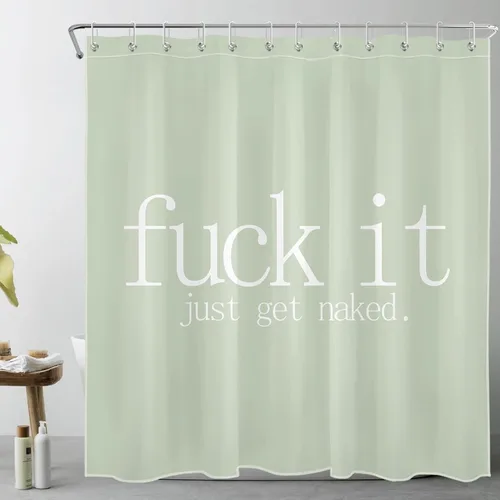 Miniatura 5 de LB Fuck It Get Naked - Juego de cortinas de ducha con alfombras con citas divertidas, cortina de ducha de tela verde salvia con ganchos, juego