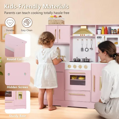 Miniatura 6 de Kinder King Cocina de madera para niños, juego de cocina de juguete para niños pequeños, juego de cocina con sonidos reales, máquina de café de Rosa