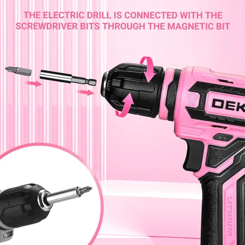 Miniatura 5 de Taladro inalámbrico: juego de taladro eléctrico DEKOPRO de 12 V con taladros eléctricos rosa de 800 RPM con caja de regalo, juego de taladro rosa