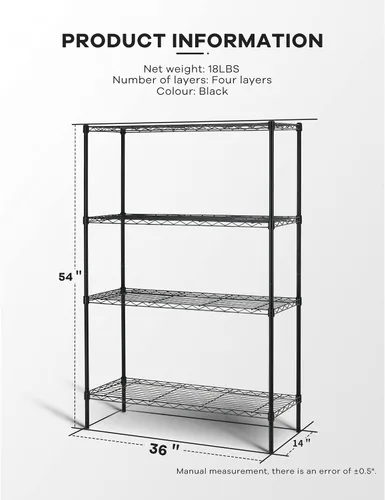 Miniatura 3 de HCY Estantería de alambre de 4 niveles, organizador de estantes de 54 x 36 x 14 pulgadas, estante de almacenamiento de metal resistente NSF de Negro