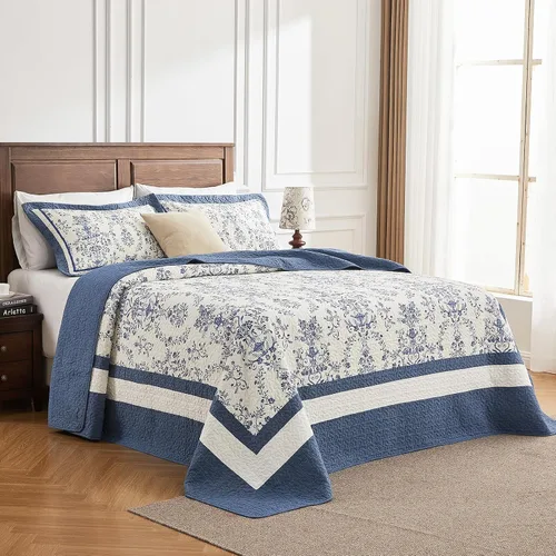 Miniatura 3 de PANGUSHAN Colcha de gran tamaño de 102 x 120 pulgadas, 100% algodón, reversible, medallón floral, granja, XL, juego de ropa de cama de gran