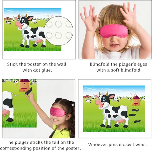 Miniatura 4 de Morcheiong Juego Pin The Tail on The Cow con 48 colas para decoraciones de fiesta de granja, recuerdos de fiesta de cumpleaños para niños