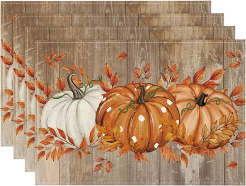 Miniatura 19 de Artoid Mode - Set de 2 manteles individuales de cuadros de búfalo con calabazas y hojas de eucalipto, manteles otoñales de 12x18 pulgadas para Azul