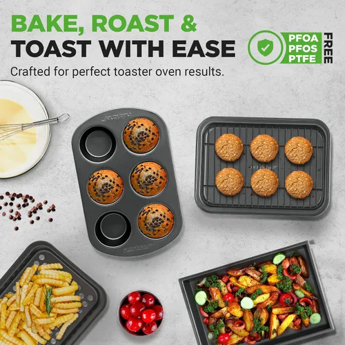 Miniatura 2 de NutriChef - Juego de 6 piezas para hornear en tostadora, juego compacto de bandejas antiadherentes apilables con moldes para muffins, bandeja