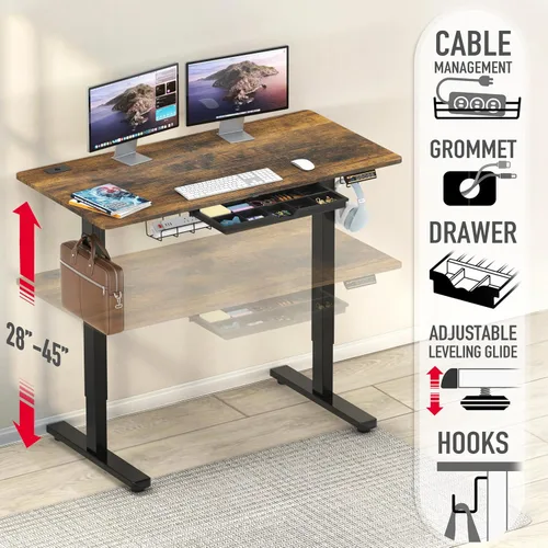 Miniatura 4 de SHW Escritorio eléctrico de pie ajustable de altura de 48 pulgadas con cajón, preajuste de memoria y bandeja de gestión de cables, color marrón