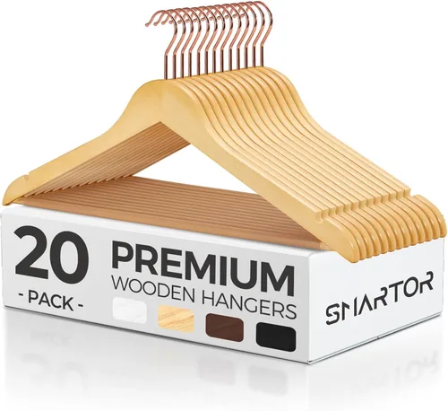 Smartor Paquete de 20 perchas de madera maciza para armario, perchas de madera resistente para trajes, camisas, vestidos, con gancho de oro rosa de