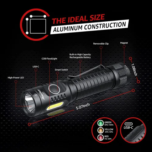 Miniatura 5 de Linterna A5, Linterna EDC con Imán, Paquete de 2 Mini Linternas Tácticas, Doble Combustible Máximo 700 Lúmenes Altos, 6 Modos, Luz de Trabajo COB