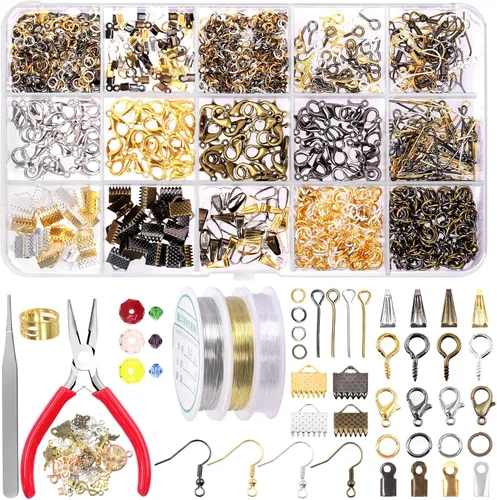 Swpeet Kit de suministros para hacer joyas, 1617 piezas con 40 estilos, cuentas y dijes de 6 colores, alicates, alambres, pinzas y abridor de anillos