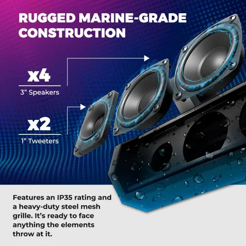 Miniatura 4 de DS18 SB26BTXRGB Barra de sonido amplificada marina de 26 pulgadas con iluminación Bluetooth USB y RGB, 6 altavoces, 600 W máximo, panel de control