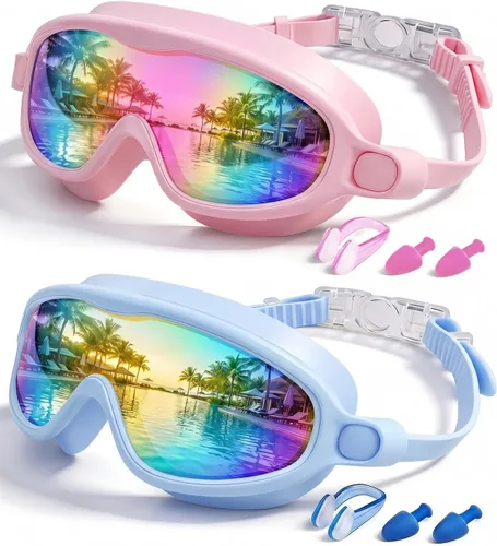 Miniatura 12 de Gafas de natación para niños, paquete de 2, antiempañamiento y rayos UV para niños y niñas, sin fugas, artículos esenciales para la piscina