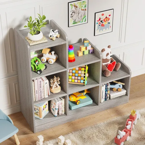 Miniatura 6 de Derfullo Estantería para libros, organizadores y almacenamiento de juguetes de 6 cubos, estantería Montessori pequeña de suelo abierto para Gris