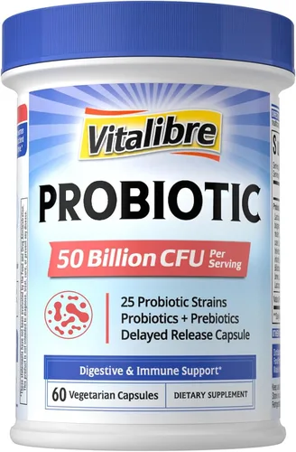 Vitalibre Probiótico para mujeres y hombres, 50 mil millones de UFC, 25 cepas diversas más prebióticos, para salud digestiva y apoyo inmunológico,
