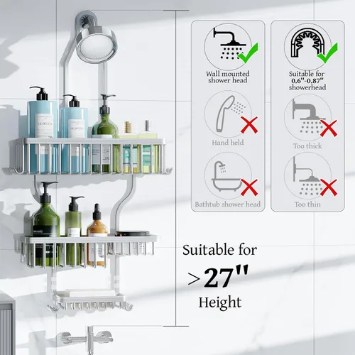 Miniatura 9 de YASONIC Organizador de Ducha Colgante - Organizador de Ducha que Nunca se Oxida - Organizador de Aluminio Sobre la Cabeza con 10 Ganchos para Plata