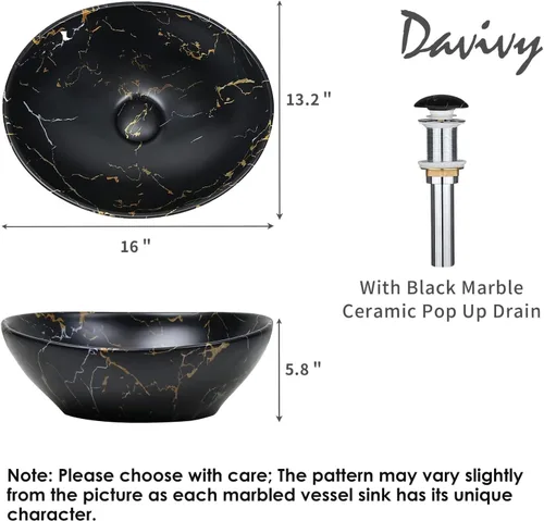Miniatura 2 de Davivy Fregadero ovalado negro mate de 16 x 13.2 pulgadas con drenaje desplegable, fregaderos de baño, lavabos de baño sobre encimera, fregadero