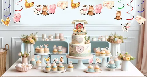 Miniatura 7 de Cartel de cumpleaños de animales de granja – Decoración de fiesta de granero con vaca, cerdo, caballo, oveja y pollo para cumpleaños de niños