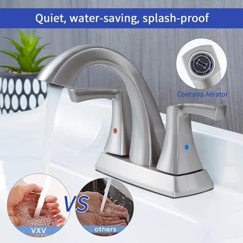 Miniatura 2 de VXV Grifo de baño de níquel cepillado, 2 manijas de arco bajo, grifos de lavabo de baño de 4 pulgadas con drenaje emergente y líneas de suministro