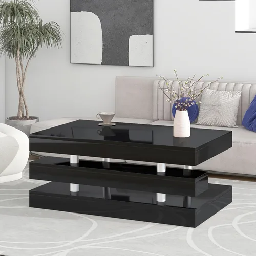 Miniatura 12 de LUMISOL Mesa auxiliar rectangular de 2 niveles con vidrio templado, moderna mesa de cóctel con superficie UV de alto brillo, mesa central de diseño