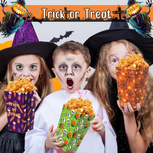 Miniatura 5 de Roshtia 24 cajas de palomitas de maíz de Halloween, 6 diseños de bolsas de palomitas de maíz, cajas de dulces para golosinas para aperitivos, bolsas