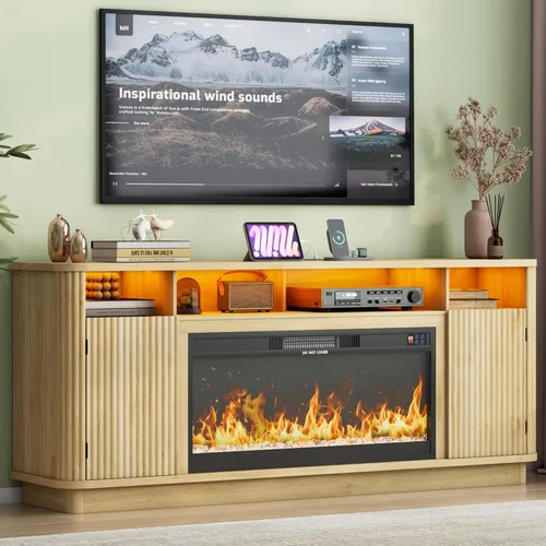 Soporte de TV con chimenea acanalada de 70 pulgadas, centro de entretenimiento moderno con chimenea eléctrica de 36 pulgadas, consola multimedia de