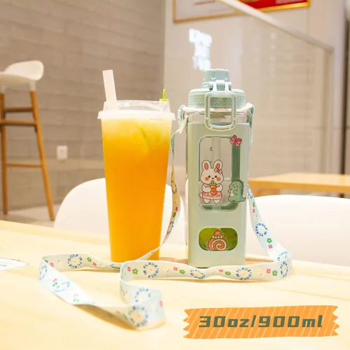 Miniatura 5 de Botella de agua Kawaii para niños, lindas botellas de agua con pajilla, botella portátil cuadrada para beber, jarra de agua a prueba de fugas