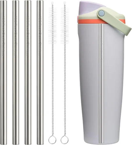 Miniatura 8 de Repuesto de popote de metal compatible con botellas Owala FreeSip Sway de 30 onzas, 4 popotes reutilizables de acero inoxidable y 2 cepillos