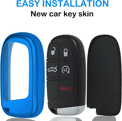 Miniatura 4 de Kirsnda Funda para llavero Jeep, con llavero compatible con Grand Cherokee Renegade Chrysler 200 300 Dodge Durango Challenger Journey Dart Fiat Azul