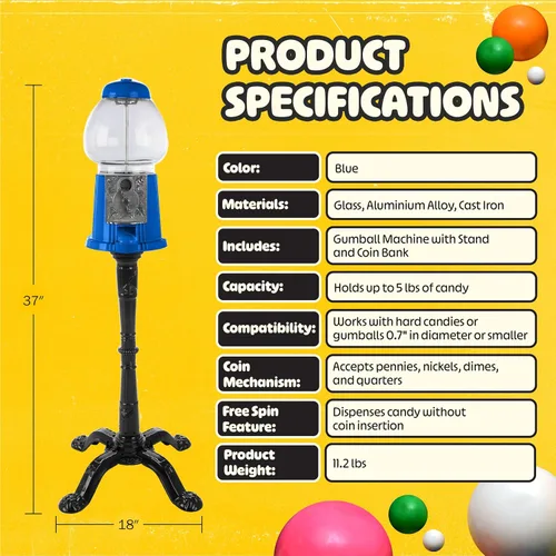 Miniatura 6 de Great Northern Popcorn - Máquina de chicles de 15 pulgadas con soporte y banco de monedas, máquina expendedora de caramelos con globo de vidrio