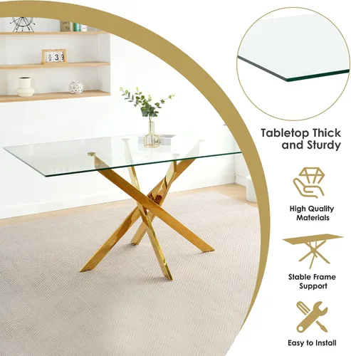 Miniatura 5 de Juego de mesa de comedor de cristal dorado moderno de 63 pulgadas para 6, juego de mesa de cocina rectangular de 7 piezas con patas de acero Negro