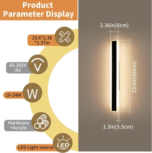 Miniatura 3 de Luces de Pared Modernas para Exterior de Casa, Apliques de Pared al Aire Libre de 23.6 Pulgadas, 3 Luces Color 3000K/4500K/6000K, Resistente al Agua