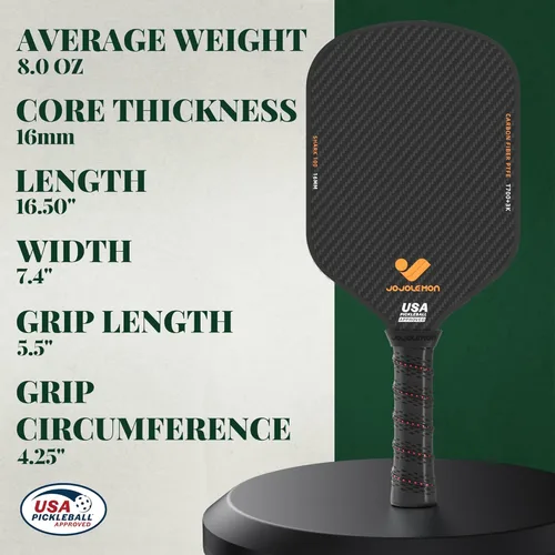Miniatura 6 de JOJOLEMON Paletas de pickleball, pala de fibra de carbono con un núcleo de polímero Shark Power de 0.63 pulgadas, las raquetas de pickleball Negro