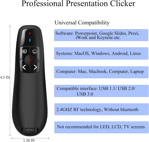 Miniatura 5 de Clicker de presentación inalámbrico para Google Slides: alcance de 100 pies Puntero rojo ultra brillante de 656 pies Funciona con pilas - Plug &