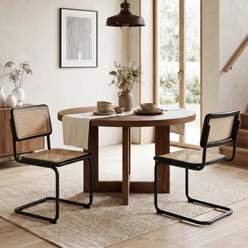 Miniatura 15 de Flouki Juego de 4 sillas de comedor de ratán, sillas decorativas bohemias para cocina con malla de caña natural, diseño voladizo de mediados