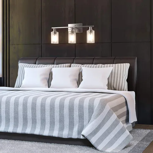 Miniatura 6 de Tangkula Lámparas de tocador de baño de 3 luces, apliques de pared modernos con pantalla de vidrio transparente con base E26, iluminación de pared