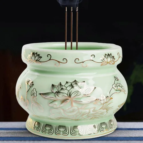 Miniatura 3 de Houlu Pequeño quemador de incienso de cerámica verde para Buda rezando, incienso budista tibetano de adoración de altar - 4 pulgadas