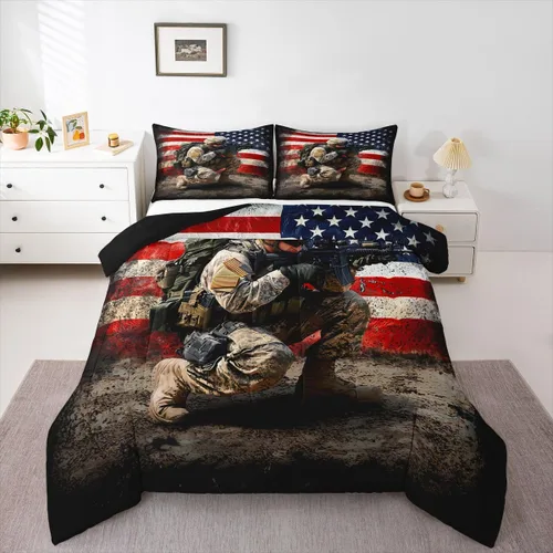 Juego de edredón de bandera estadounidense para adultos, adolescentes, niños, soldado de camuflaje, edredón de plumón para niños y hombres, bandera