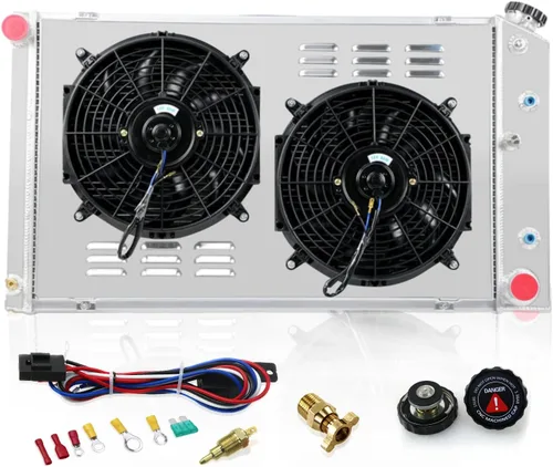 Primecooling - Radiador de aluminio de 3 filas + ventilador (12 pulgadas de diámetro) con cubierta para muchos autos GM/Chevrolet GMC C/K Series
