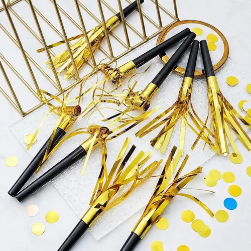 Miniatura 4 de Skylety 48 piezas de ruidos dorados con brillantina, sopladores de fiesta con flecos metálicos, cuernos para adultos, bodas, graduaciones