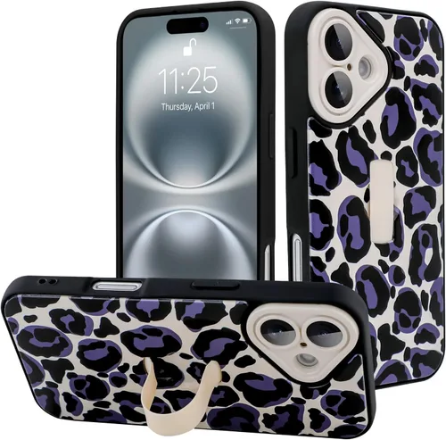 Miniatura 131 de Funda diseñada para iPhone 17 Pro Max con soporte plegable y correa para dedos, bonito patrón de lazo de corazón de flor rosa para mujeres y niñas