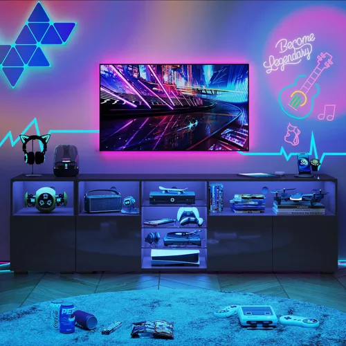 Miniatura 8 de Hlivelood Soporte de TV LED para TV de 85 pulgadas, Soporte de TV moderno con toma de corriente, Centro de entretenimiento con consola de TV moderna