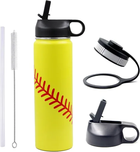 Miniatura 20 de Botella de agua de béisbol de 18 onzas, botella deportiva de boca ancha, vaso de viaje de metal con 2 tapas, botellas de agua aisladas al vacío