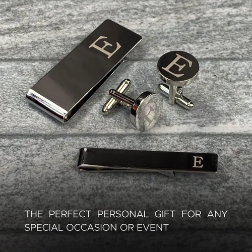 Miniatura 6 de BodyJ4You 4PC Cufflinks, Tie Bar, Money Clip - Initial A-Z Engraving Alphabet Letter - Mirror Polished Steel Men Jewelry - Cuff Links Shirt Tie Suit
