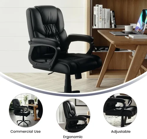 Miniatura 5 de Flash Furniture Fundamentals - Silla giratoria grande y alta de LeatherSoft para oficina y juegos, silla de oficina ergonómica con reposabrazos Negro