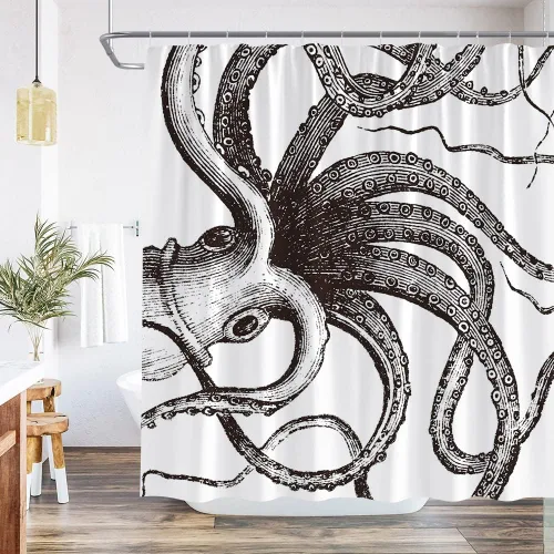 Miniatura 8 de Cortina de ducha con tentáculos de pulpo, monstruo náutico Kraken, vida marina, abstracto, tela de poliéster blanco y negro, juego de decoración