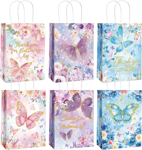 Outus 24 bolsas de regalo para fiesta de mariposas, color rosa, morado, azul, bolsas de regalo con asa para mariposas, fiesta de cumpleaños,