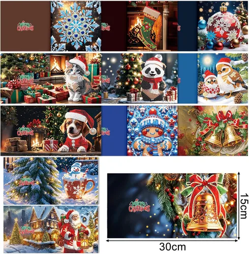 Miniatura 6 de LUSandy Paquete de 12 tarjetas de Navidad con pintura de diamante 5D para adultos, tarjetas de felicitación de arte con diamantes para gatos