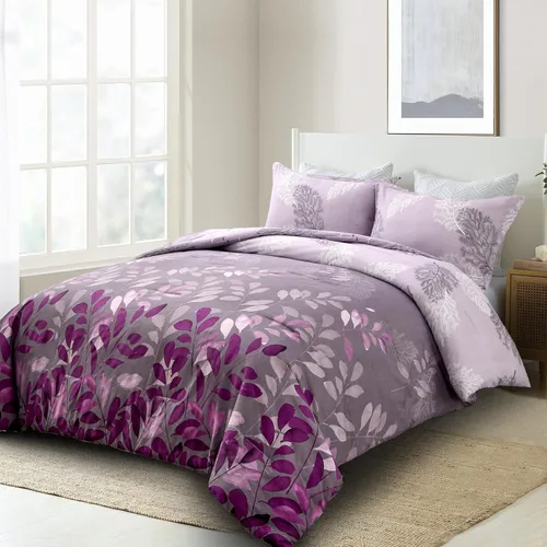 Miniatura 2 de DJY Juego de edredón de color morado, tamaño King, edredón de hojas botánicas para cama King, juego de edredón reversible floral de 3 piezas, juego